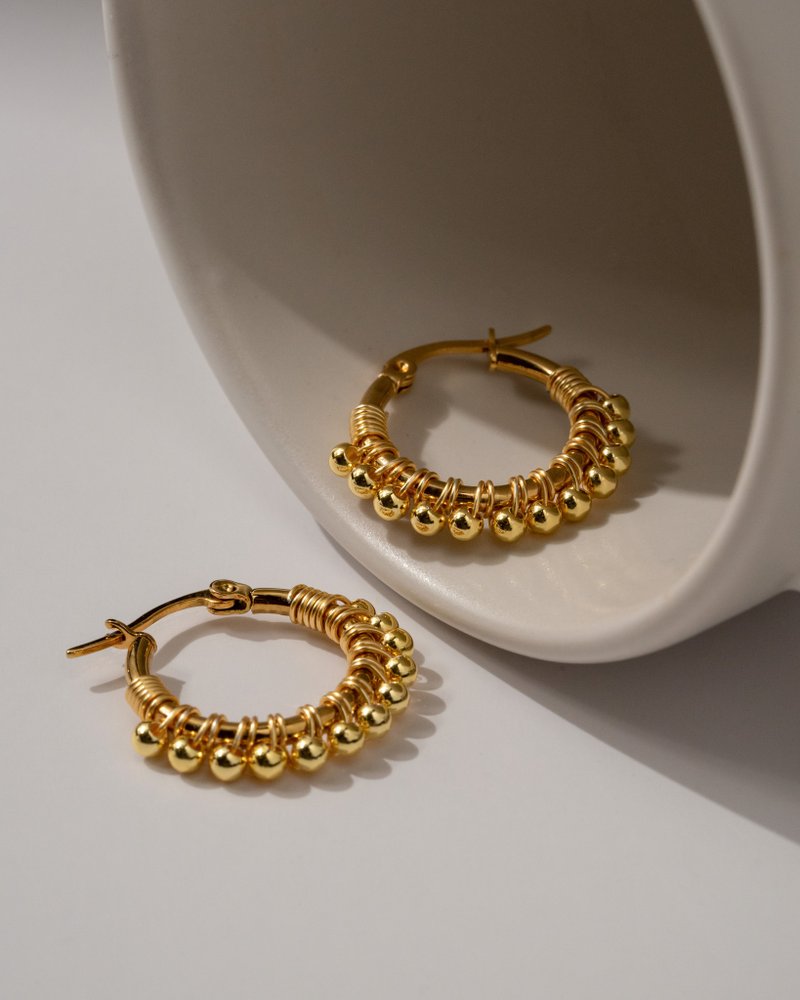 Small Patra Hoops (18K Gold Plated Ball Hoops) - Earrings & Clip-ons - Stainless Steel Gold