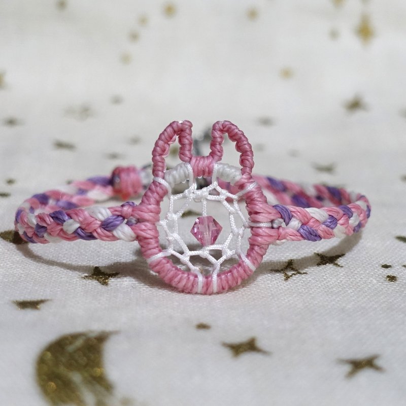 捕夢兔│秋櫻│手錶款手環 │兔子 捕夢網│蠟線編織 - 手鍊/手環 - 防水材質 粉紅色