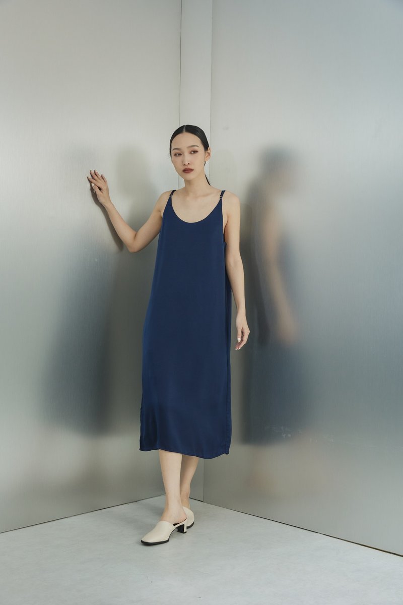 [Brand original] Bree silky satin spaghetti-shoulder long dress navy blue - One Piece Dresses - Other Man-Made Fibers 