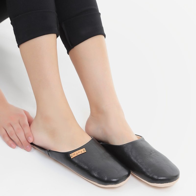 Beautiful simple babouche (slippers) mom noir - รองเท้าแตะ - หนังแท้ สีดำ