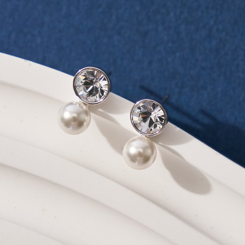 Round Crystal Diamond Pearl Earrings - Earrings & Clip-ons - Pearl 