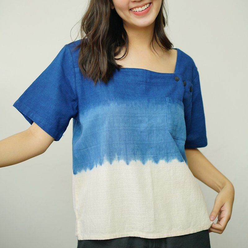 Square Neck 3 tones Indigo Dyed with mini Pocket Blouse - Women's Tops - Cotton & Hemp Blue