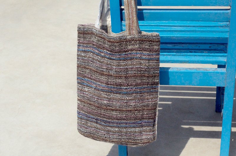 A limited edition hand-woven natural cotton striped lightweight bag / backpack / shoulder bag / shoulder bag / bag - gray blue + black color stitching - Messenger Bags & Sling Bags - Cotton & Hemp Multicolor