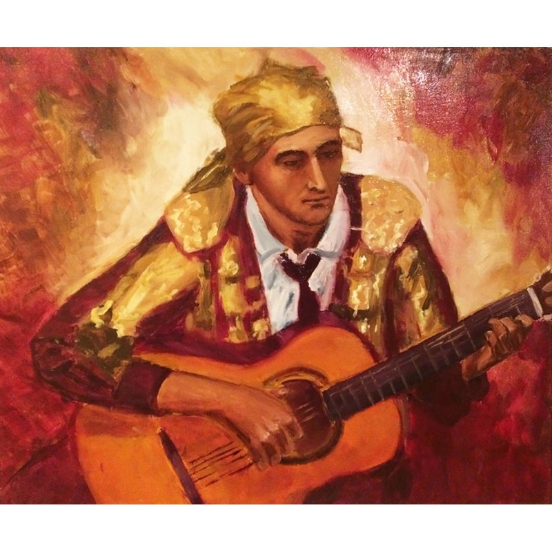 Flamenco guitar painting original art Spanish musician oil painting on canvas - โปสเตอร์ - ผ้าฝ้าย/ผ้าลินิน 