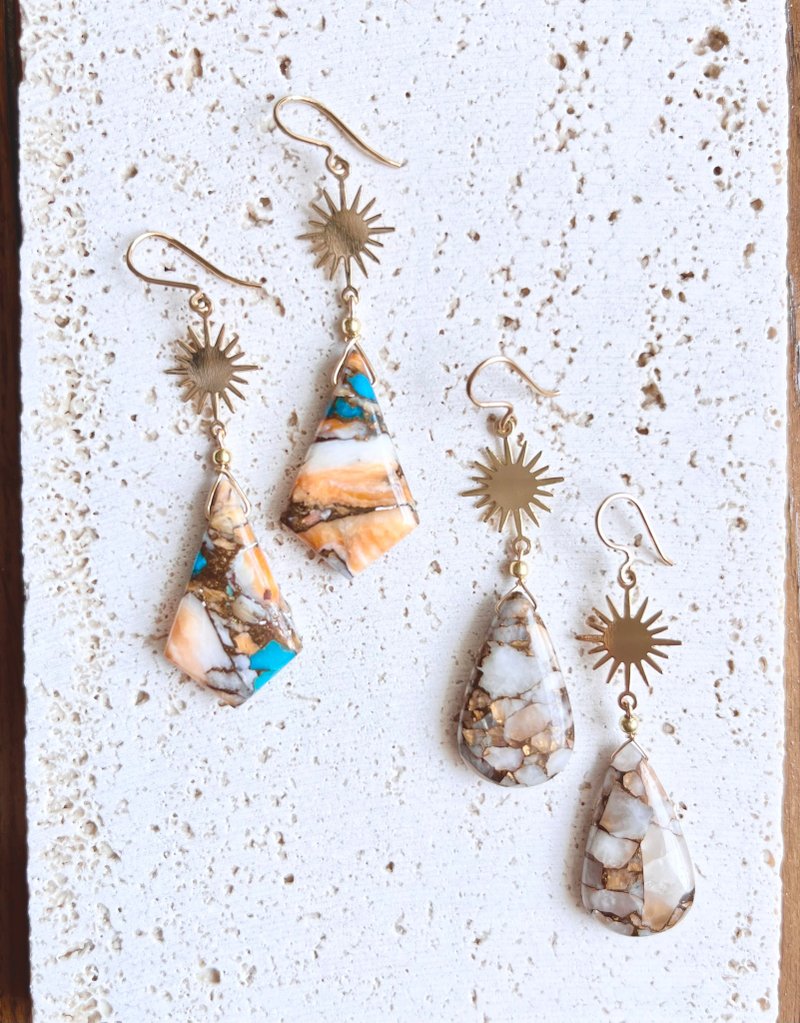 Gold Sun Earrings with Oyster Copper Turquoise Copper Calcite - ต่างหู - เครื่องประดับพลอย สีทอง