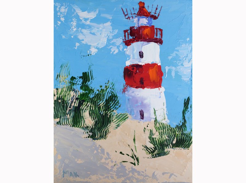 Lighthouse Oil Painting Nautical Original Art Small Summer Landscape Wall Art - โปสเตอร์ - วัสดุอื่นๆ สีแดง