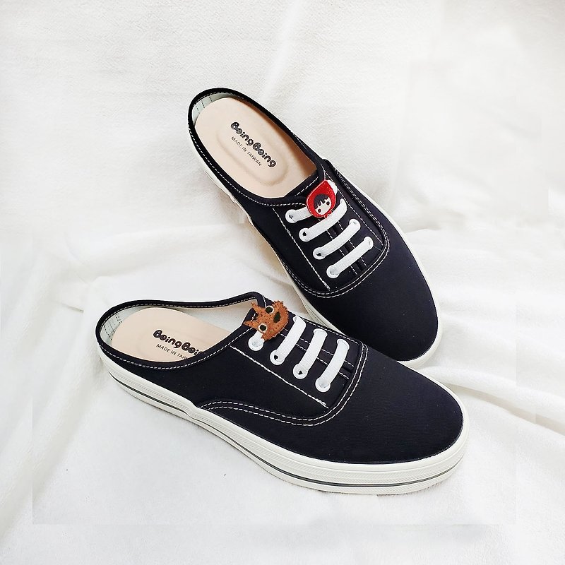 Fashionable semi-slippery loafers slimming with front bag and back space Little Red Riding Hood and the Big Bad Wolf - Black - รองเท้าลำลองผู้หญิง - ผ้าฝ้าย/ผ้าลินิน สีดำ