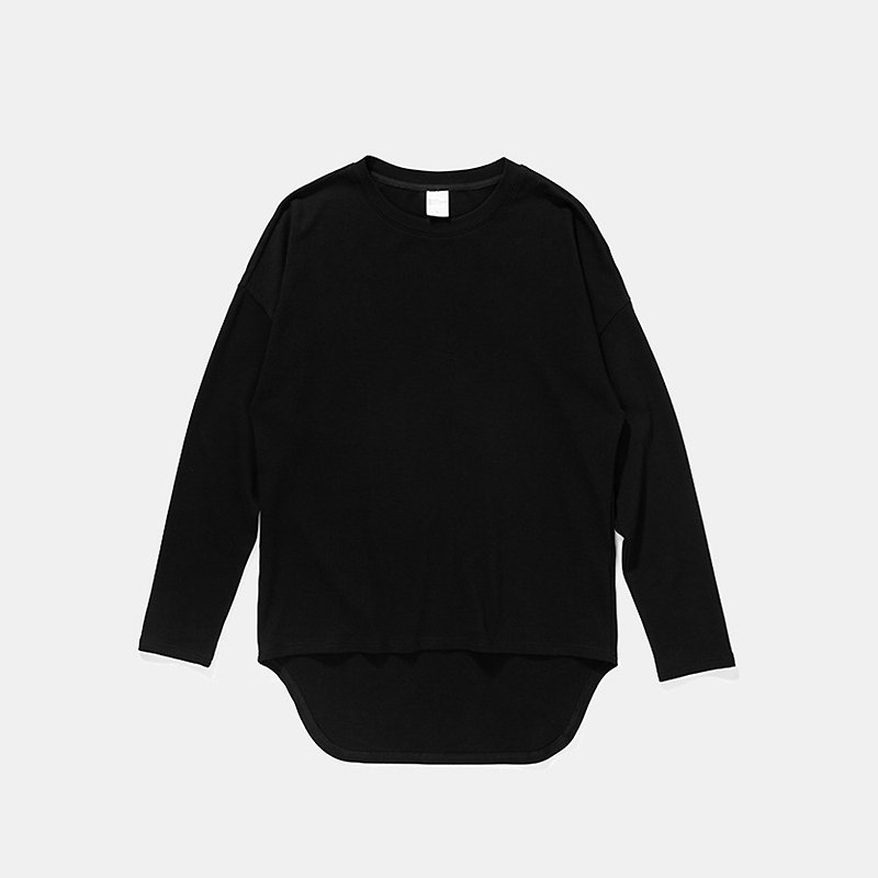 シンプルな丸みを帯びた長袖T ::黒:: - Tシャツ メンズ - コットン・麻 ブラック