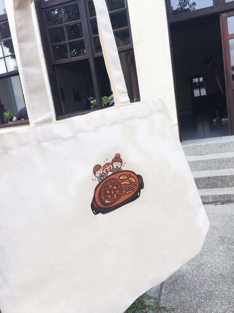 Steak cat's daily large canvas bag (tote bag) hand-printed Canvas bag - กระเป๋าแมสเซนเจอร์ - ผ้าฝ้าย/ผ้าลินิน ขาว