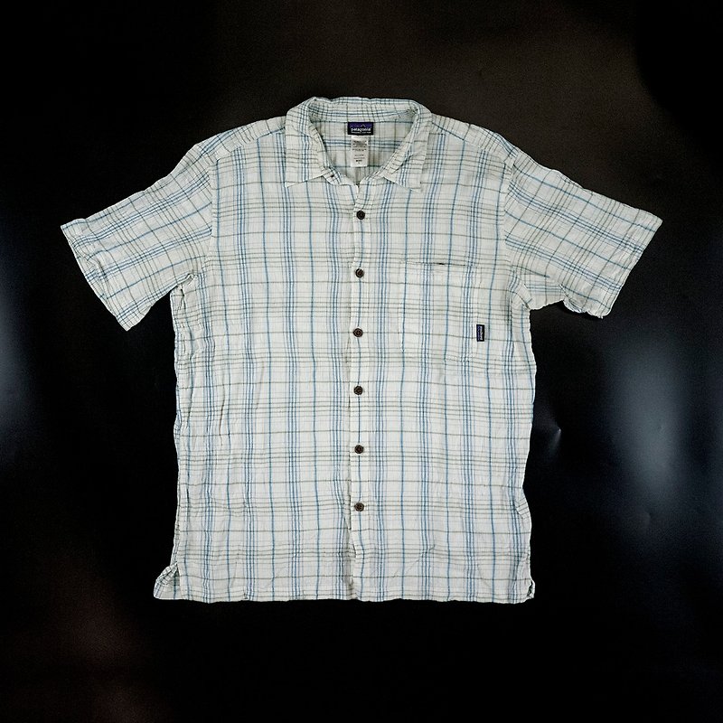 PATAGONIA blue and white check wood button shirt bubble cloth short sleeve shirt vintage used - เสื้อเชิ้ตผู้ชาย - ผ้าฝ้าย/ผ้าลินิน ขาว