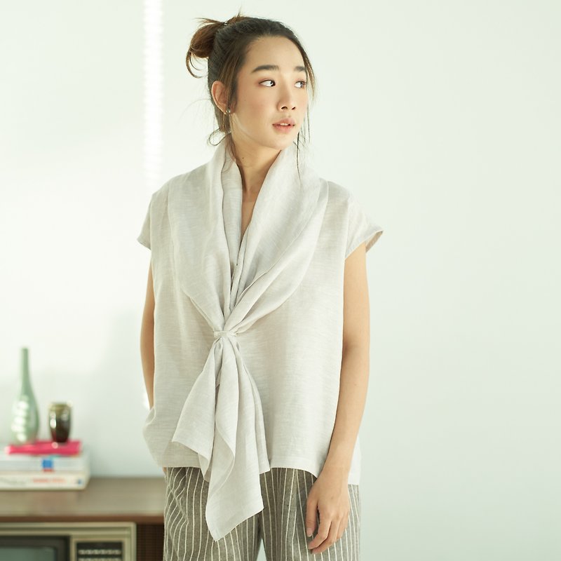 Natural  Linen Built-in Scarf Linen Blouse Minimal Linen Top - Very Light Grey - 女裝 上衣 - 亞麻 灰色