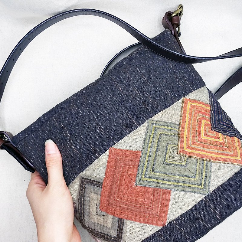 Four seasons hand stitching shoulder oblique backpack - Messenger Bags & Sling Bags - Cotton & Hemp Black