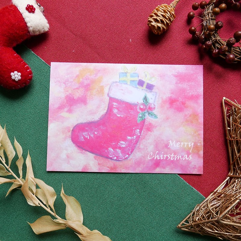 [Christmas Stocking] Christmas Card Card Postcard Gift Plain Envelope Christmas Gift Exchange Gift Summery Watercolor Hand Painted - Cards & Postcards - Paper Red