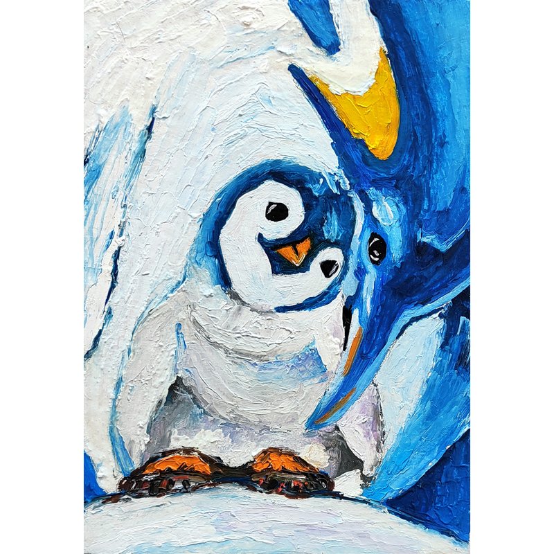 Penguin Oil Original Painting Bird Wall Art Animal Artwork Miniature Art, 手工油畫 - โปสเตอร์ - วัสดุอื่นๆ หลากหลายสี