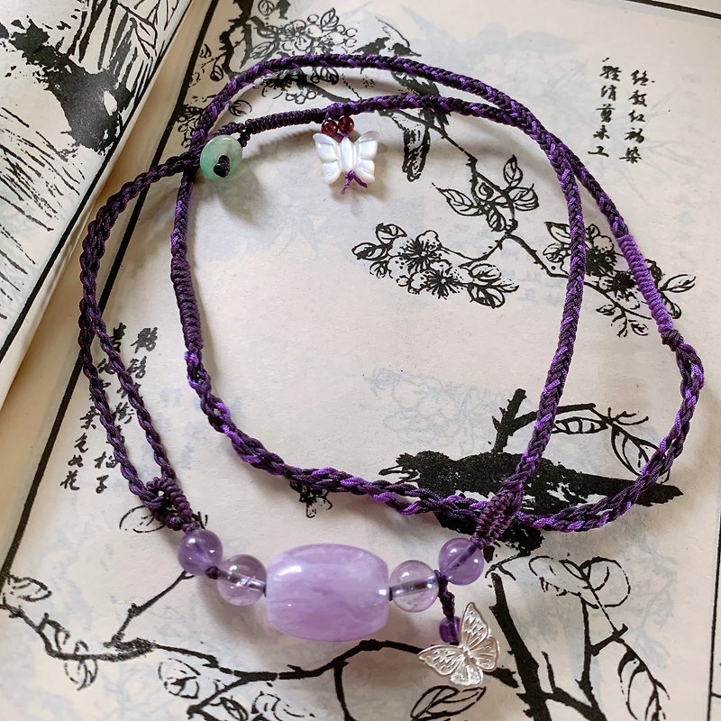 Handmade Yiting Misty Rain Natural Amethyst Barrel Beads Retro Braided Necklace Old Fishbone Butterfly Silver Purple - Long Necklaces - Crystal Purple