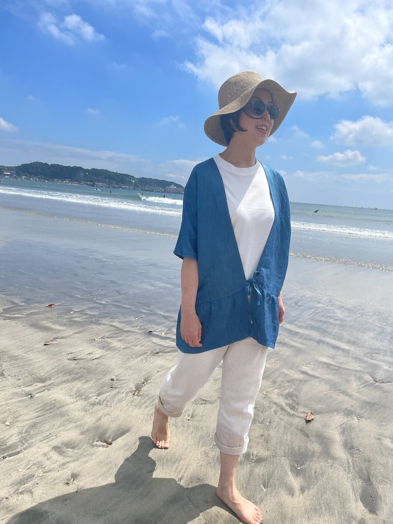 Hand-dyed indigo-dyed cotton silk short-sleeved haori made in Japan Haori aizome japanblue - Unisex Hoodies & T-Shirts - Cotton & Hemp Blue