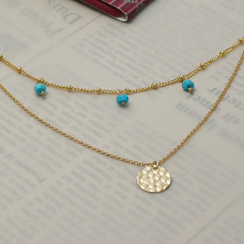 American blue turquoise American 14K gold fashion European and American double-layer necklace light jewelry - Necklaces - Precious Metals Gold