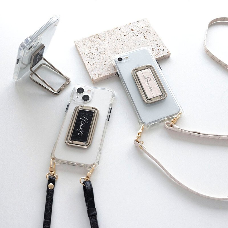 スマホショルダー 多機能リング クリアケース ストラップ付 【 型押し クロコ柄 名入れ 】 スマホリング スマホスタンド クロコ 文字入れ OS33U - 手機殼/手機套 - 真皮 黑色