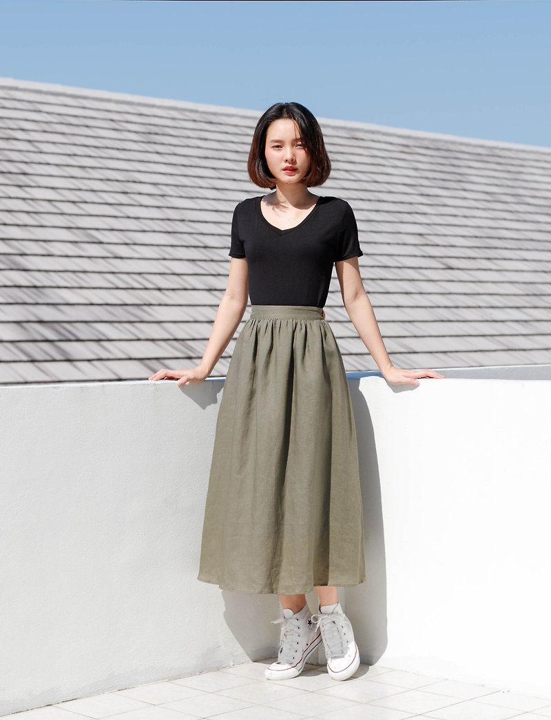 Linen Skirt Olive - 裙子/長裙 - 亞麻 綠色