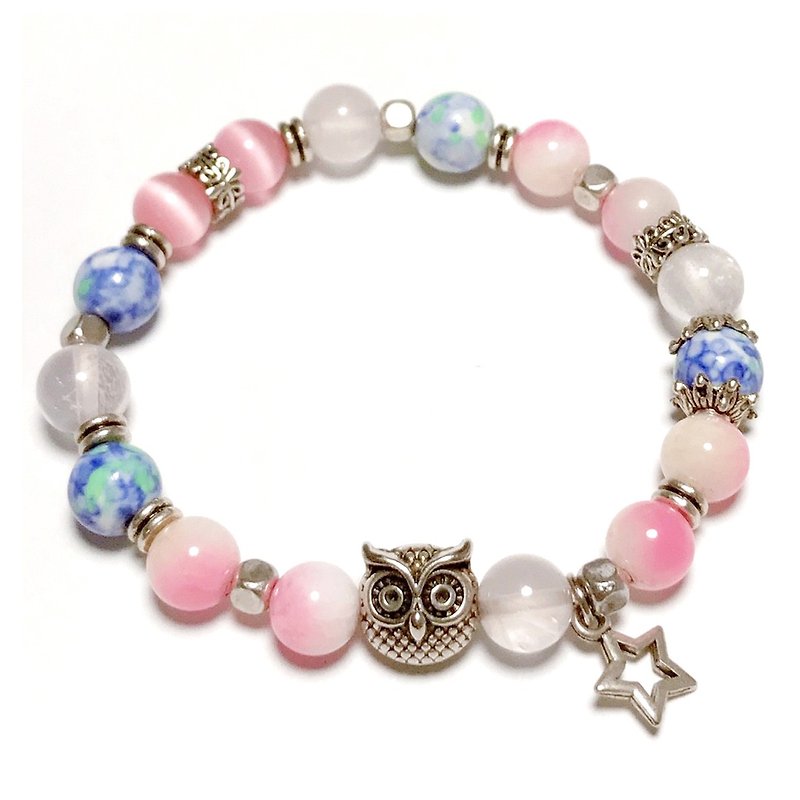 Wisdom Stone Guest Bracelet Powder Jade with White Crystal Pink Cat Eye Rain Color Stone Ore - สร้อยข้อมือ - เงินแท้ 