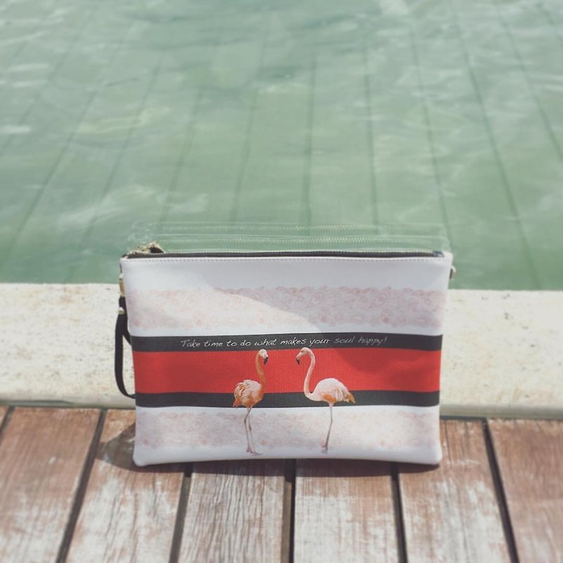 Elegant flamingo double-sided printing clutch handbag Elegant Flamingo Clutch Handbag by Shuki Design - กระเป๋าคลัทช์ - หนังแท้ สีแดง
