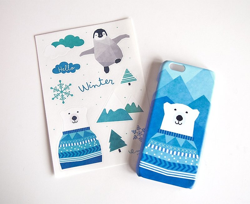 Polar Bear Set (iPhone case + clear sticker sheet) - Phone Cases - Plastic Blue