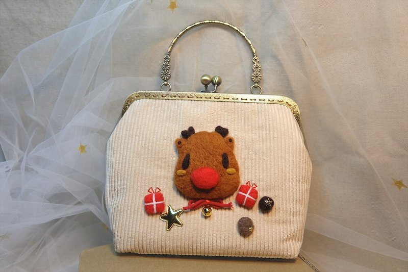 Christmas gift exchange gift [hanging a little star for you] cute little elk handmade gold bag - กระเป๋าแมสเซนเจอร์ - ขนแกะ 