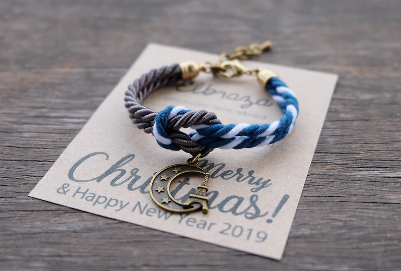 Teal white / charcoal knot rope bracelet with moon Eiffel - Christmas gift - Bracelets - Other Materials Blue
