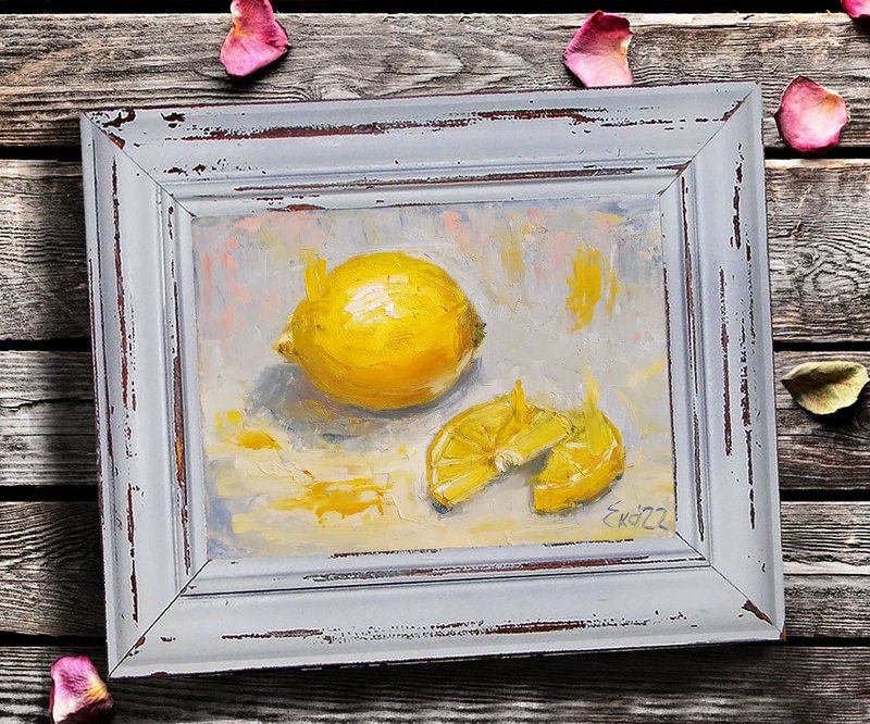 Lemon Painting Still Life Original Art Food Painting Citrus Impasto 6 by 8 - Wall Décor - Other Materials Yellow