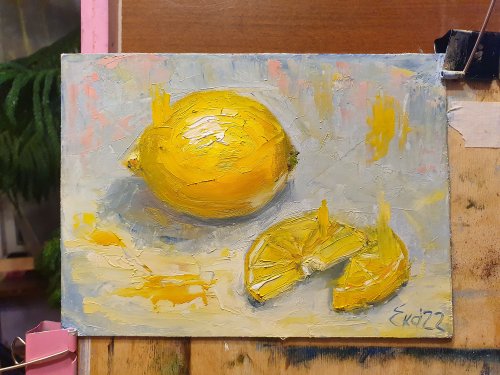 檸檬 レモン 果物 果実 静物画 水彩画 アート 絵画 美術 芸術 壁掛け飾り レモン オリジナルアート 6x6 S. Lee Mark 作 静物画油絵