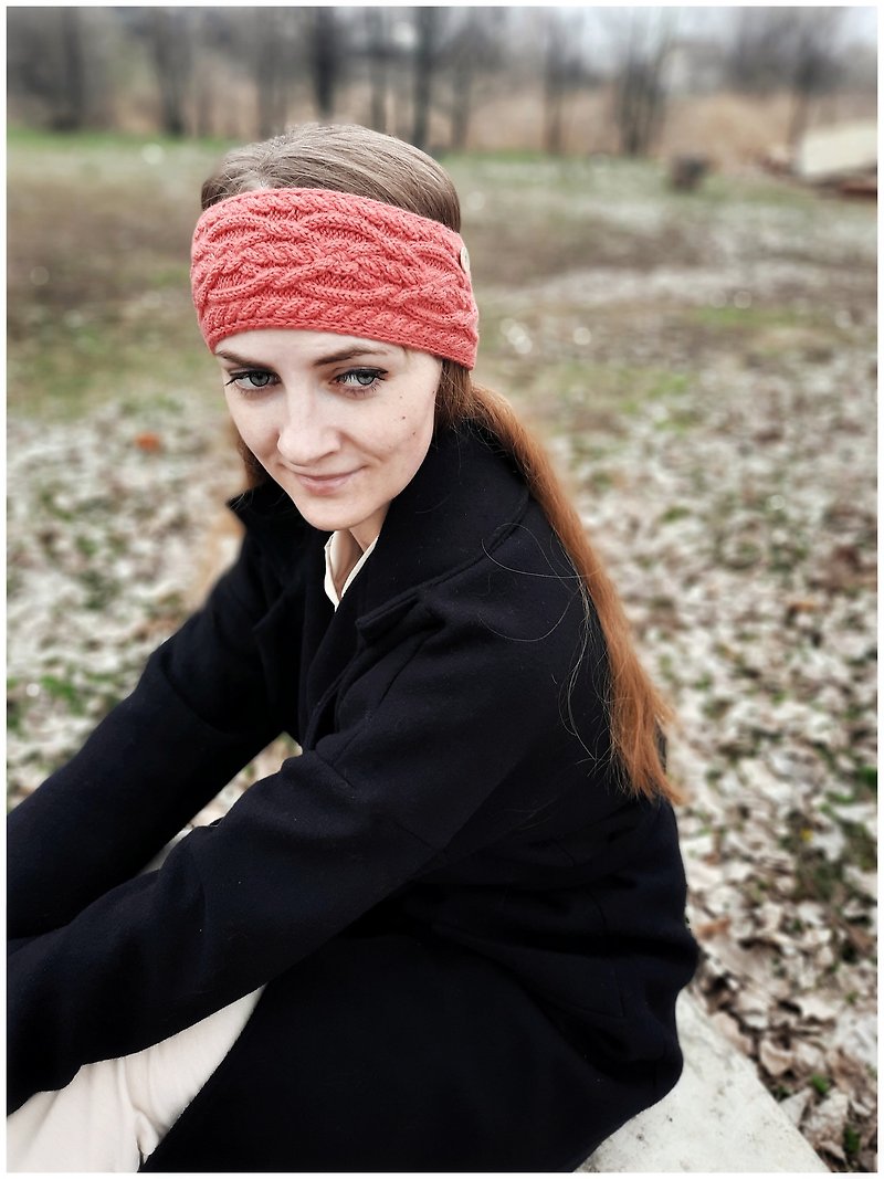 Wool Hair Accessories Red - Handmade women knitted wide coral headband