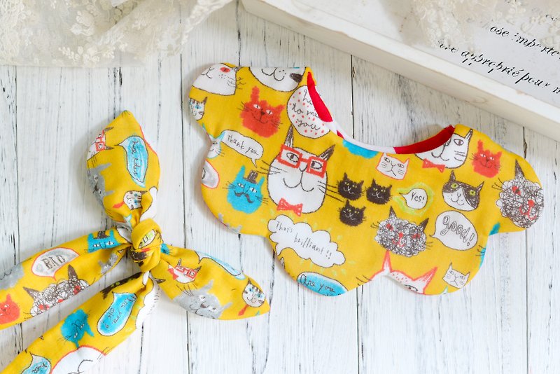 HAPPY CAT BaBy GIRL Set - 手作嬰兒賀禮套裝 - 彌月禮盒 - 棉．麻 黃色