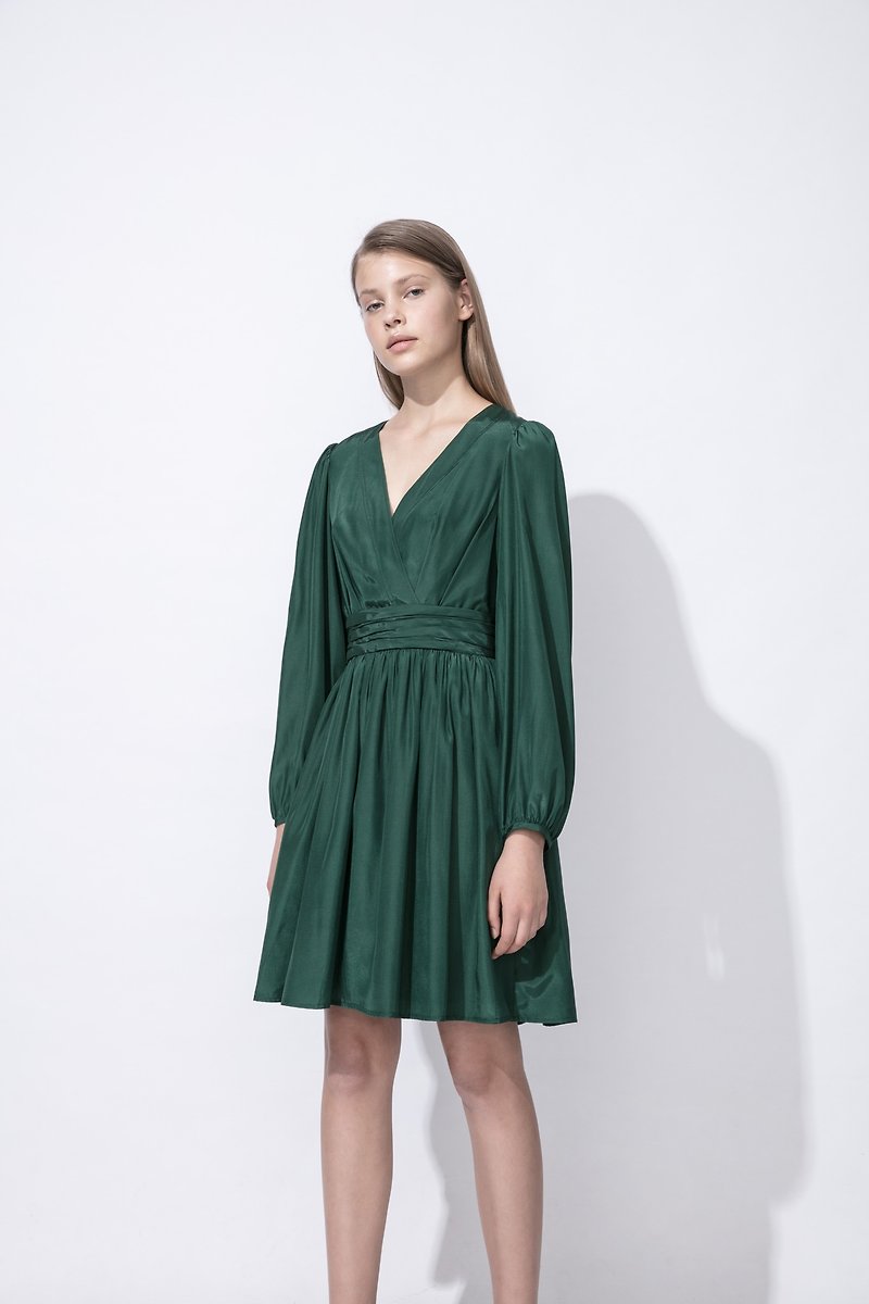 聚酯纖維 洋裝/連身裙 綠色 - PH墨綠色泡泡袖洋裝