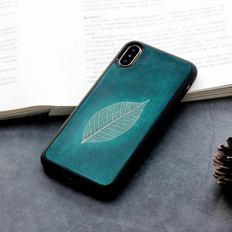 Dark green leaves iphone11pro 7 8 plus x xs max xr leather phone case protective case - Phone Cases - Genuine Leather Green