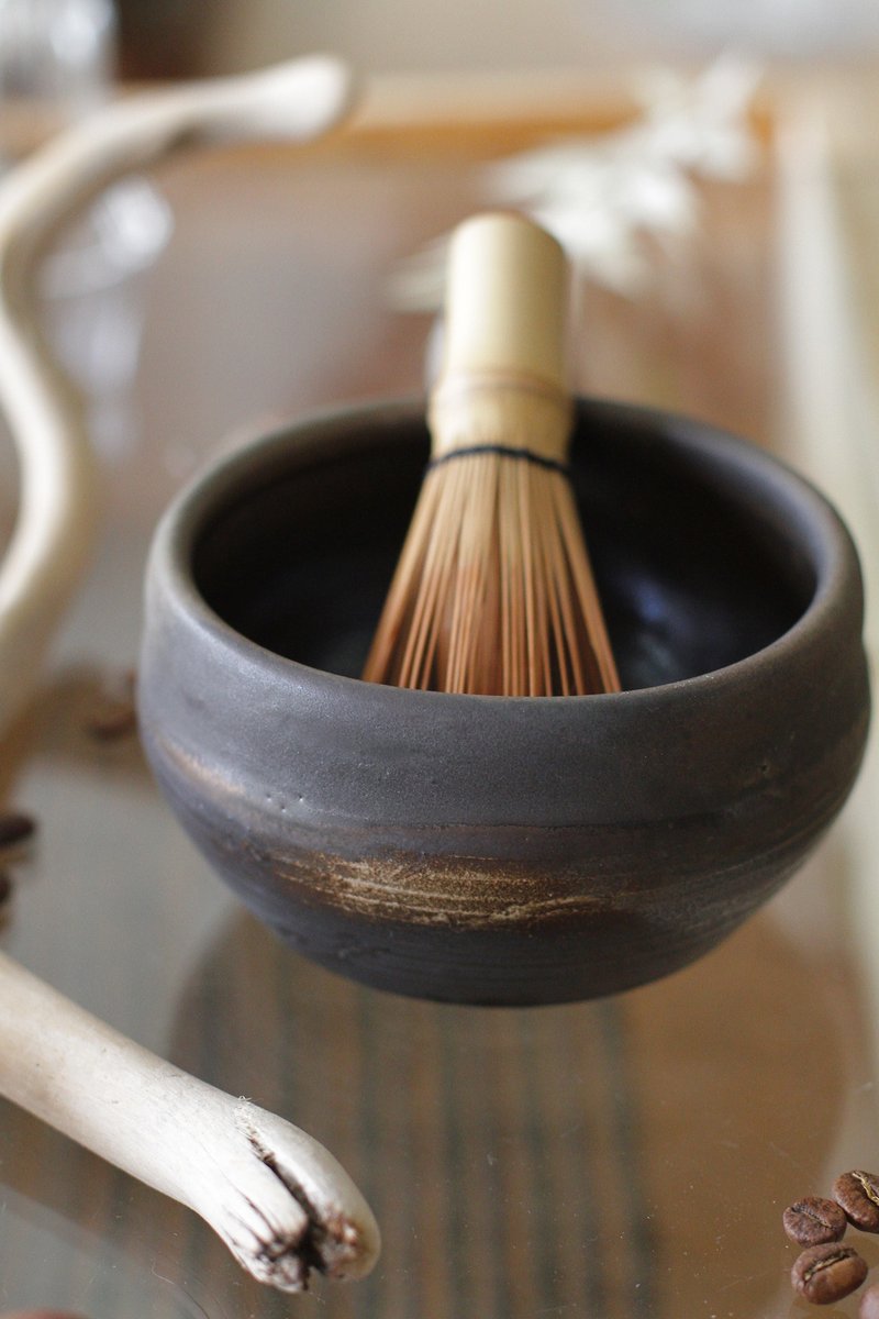 Hand-pulled wood-fired textured ceramic matcha bowl/tea bowl/rice bowl/moss ball flower vessel - ถ้วยชาม - ดินเผา สีดำ