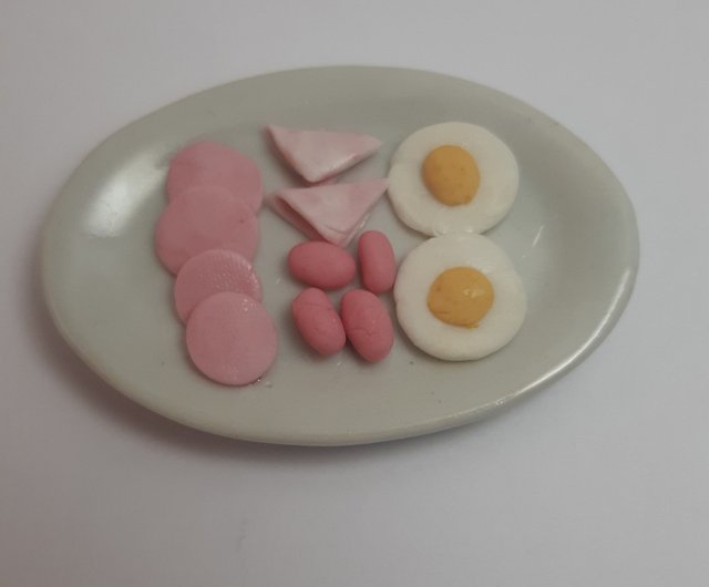 Dollhouse Miniature Food 5 Ceramic Plates Breakfast Sausage Ham Egg Supply 13745 