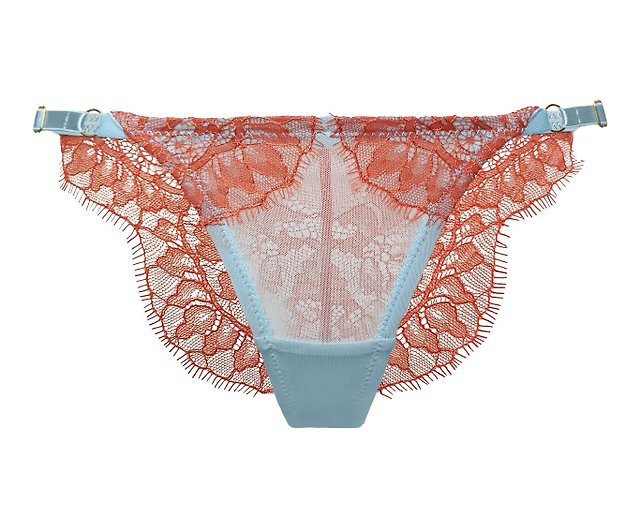 Terracotta lace, blue mesh lingerie set - Bra, panties - Sexy