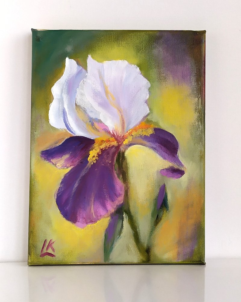 Iris Flower Original Oil Painting on Canvas Violet Flower Wall Art Purple Iris - โปสเตอร์ - ผ้าฝ้าย/ผ้าลินิน 