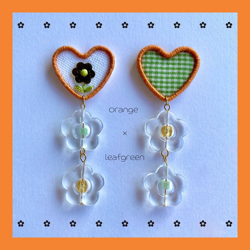 Gingham check and flower (orange x green) embroidered Clip-On - Earrings & Clip-ons - Thread Orange