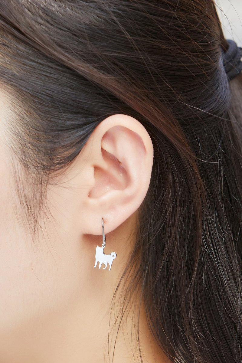 柴犬 - 狗狗背影系列-耳勾式(可改夾式) 抗敏醫療鋼 - 耳環/耳夾 - 不鏽鋼 銀色