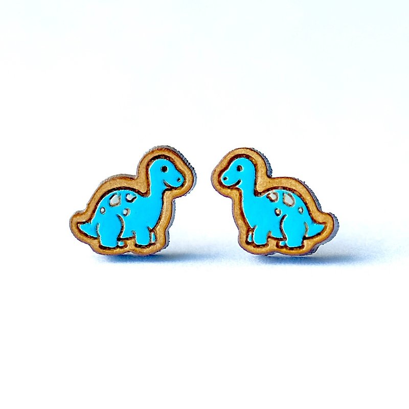 Painted wood earrings-Brontosaurus - Earrings & Clip-ons - Wood Blue