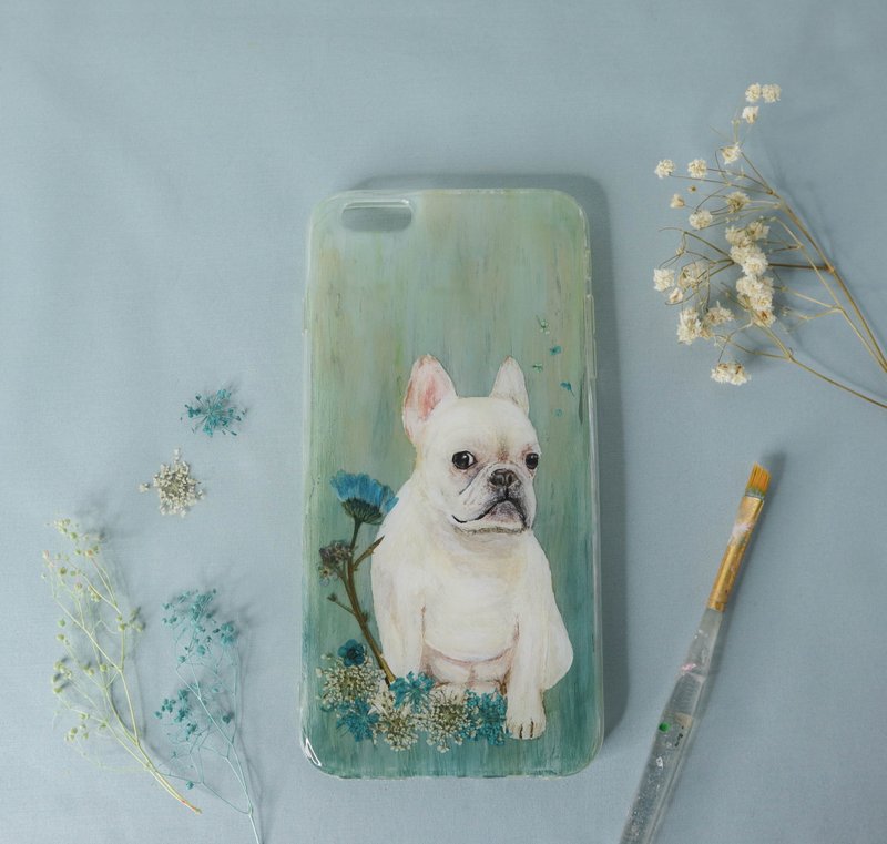 Tailor-made Hand-drawn Pet Pressed Flower Phone Case | French Bulldog / Dog - เคส/ซองมือถือ - พืช/ดอกไม้ สีน้ำเงิน