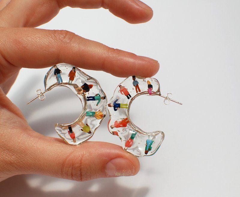 手繪小人透明樹脂耳環 925銀 - 耳環/耳夾/耳骨夾 - 純銀 透明