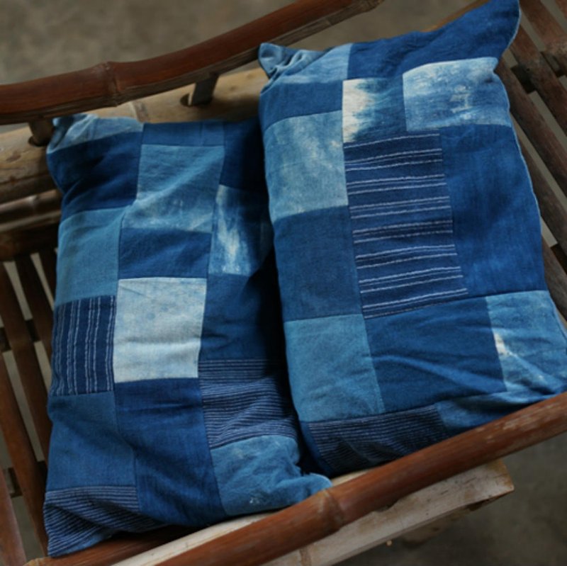 ディープブルー染めインディゴ植物染めパッチワーク枕甘いそば殻枕リクライニングピロー枕 - 枕・クッション - コットン・麻 ブルー