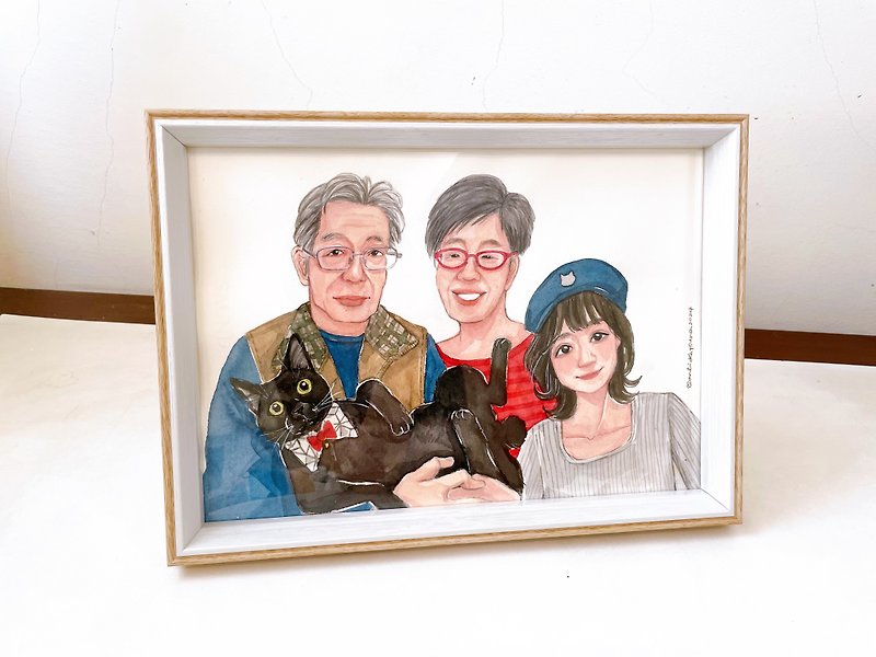 Like-face portrait painting of four people, family portrait, wedding dress and pets with picture frame - ภาพวาดบุคคล - กระดาษ 