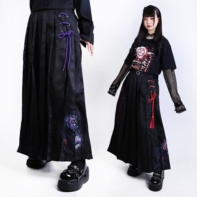 Kulture oriental hell flower skull lace belted pleated Wide leg pants JJ2503 - Women's Pants - Polyester 