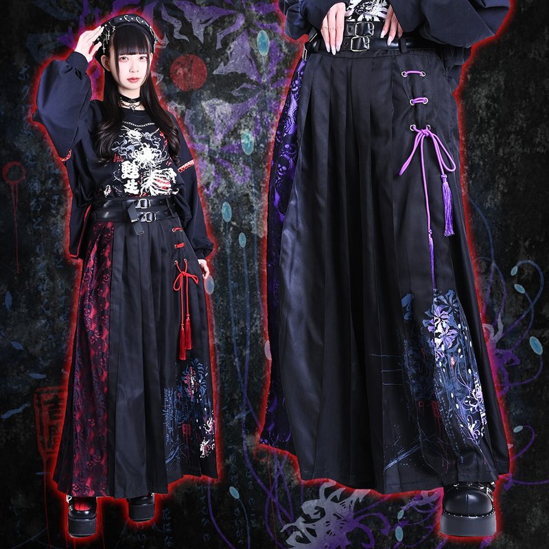 原創彼岸花開魂落忘川百褶流蘇腰帶造型和風寬褲劍道褲【JJ2503 - 女長褲 - 聚酯纖維 