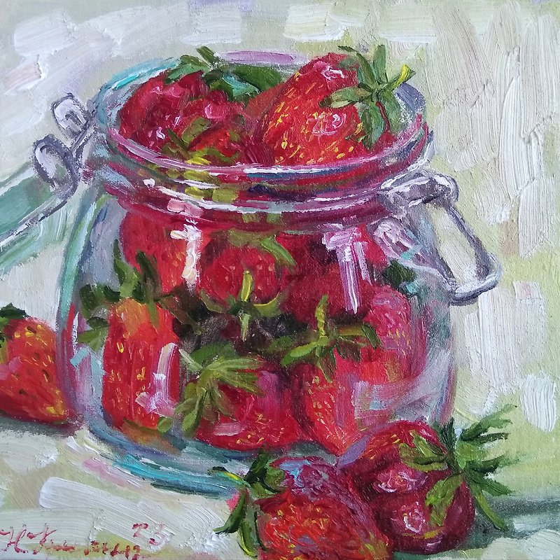 Strawberry Still life, Berries Original Oil Painting, Fine Art 小油画 - ตกแต่งผนัง - วัสดุอื่นๆ หลากหลายสี