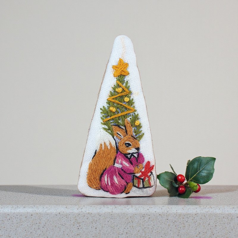 松鼠與聖誕樹髮夾，手工刺繡髮夾，髮飾，兒童髮夾 - 髮夾/鯊魚夾 - 亞麻 銀色