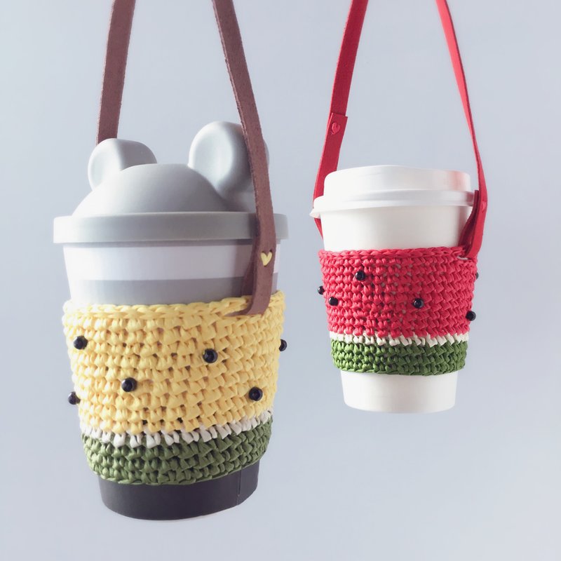 Hand-woven eco-friendly drink cup holder/bag watermelon - Beverage Holders & Bags - Paper Yellow